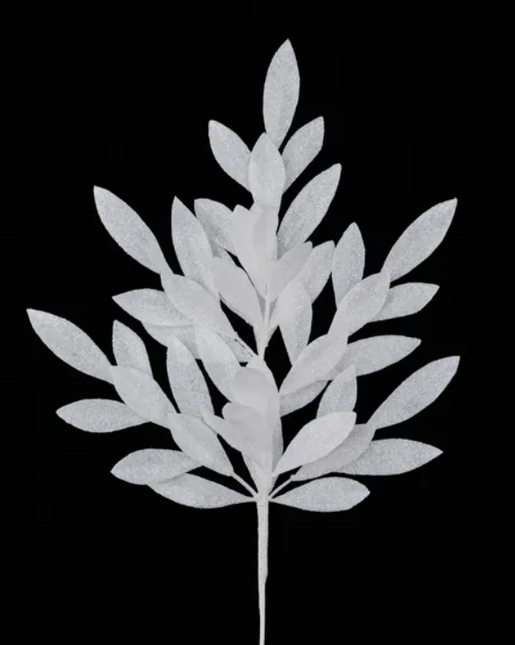 23" Glitter Bay Leaf Spray White