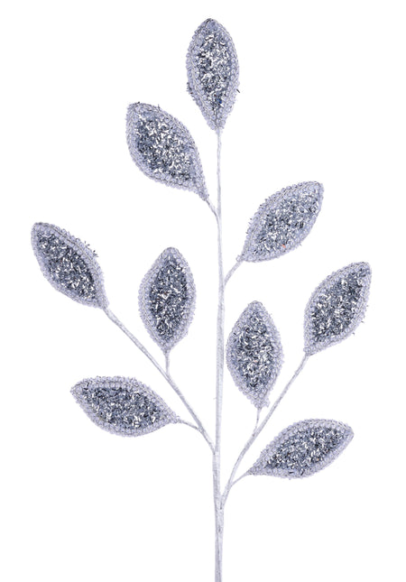 28" Silver Glitter Lace Leaf Spray