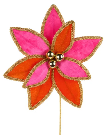 14"L Velvet Poinsettia Pick W/Lace Edge