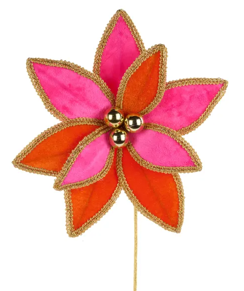14"L Velvet Poinsettia Pick W/Lace Edge