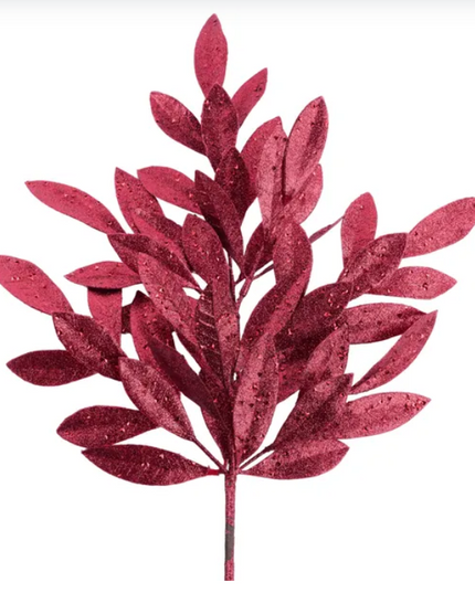 23" Glitter Bay Leaf Spray Burgundy