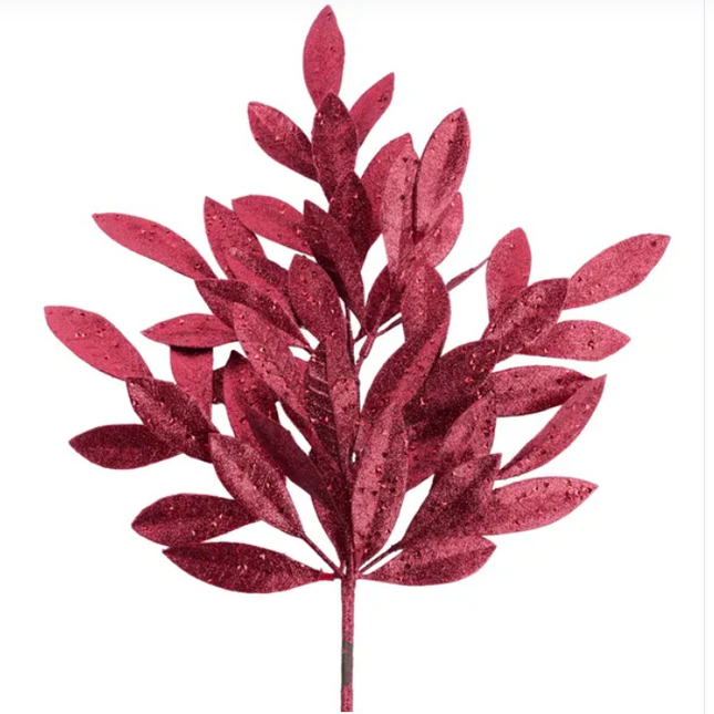 23" Glitter Bay Leaf Spray Burgundy