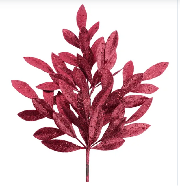 23" Glitter Bay Leaf Spray Burgundy