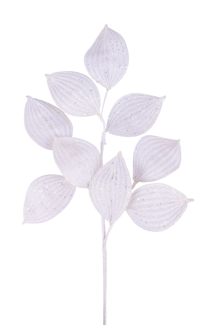 29" White Glittered Leaf Spray