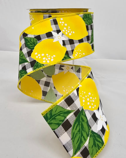 2.5"x10Y Large Black Plaid Lemon Floral Ribbon image 0