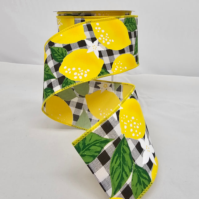 2.5"x10Y Large Black Plaid Lemon Floral Ribbon image 0