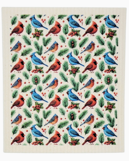 Christmas Cardinal and Bluebird Swedish Dishcloth