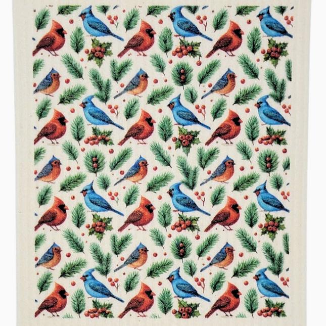 Christmas Cardinal and Bluebird Swedish Dishcloth