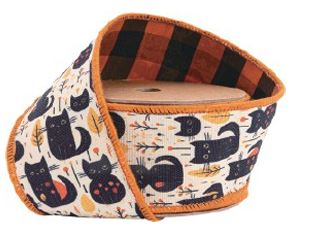2 1/2" Wired Printed Canvas Ribbon Black Cat w/ Orange/Black Checked Backing | 10 Yard Roll