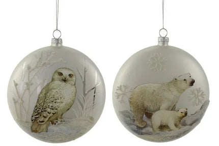 2 Asst 4.75"Dia Glass Bear/Owl Disc Ornament
