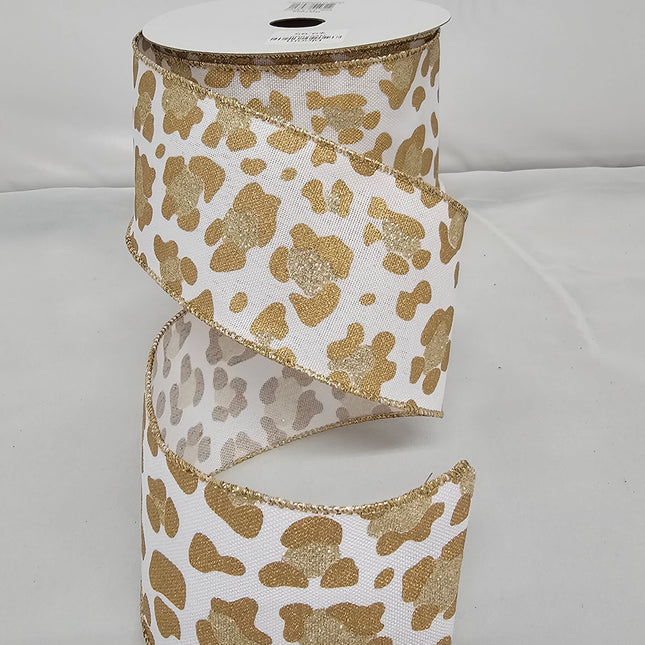 2.5"x10Y Elegant Metallic Ribbon White/Gold Cheetah image 0