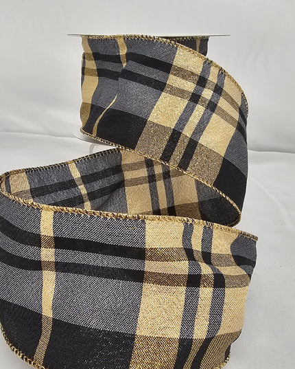 2.5"x10Y Elegant Metallic Ribbon Black/Gold Metallic Plaid image 0
