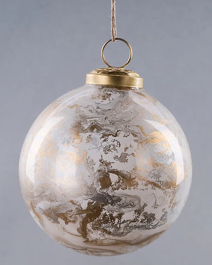 4"Dia Marble Glass Ball Ornament White/Gold/Silver