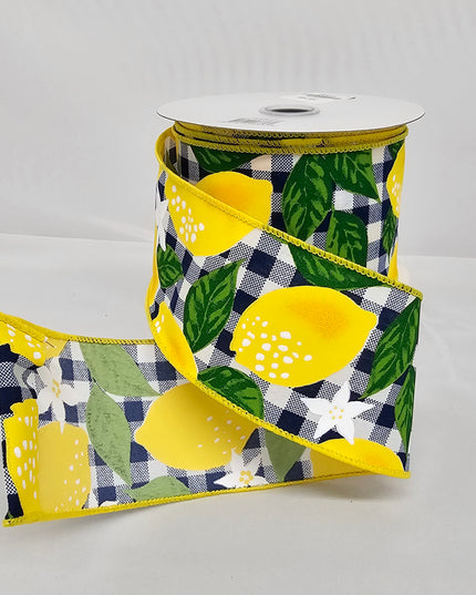 2.5"x10Y Navy Large Plaid Lemon Floral Ribbon image 0