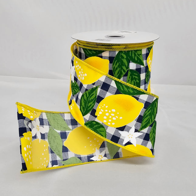 2.5"x10Y Navy Large Plaid Lemon Floral Ribbon image 0