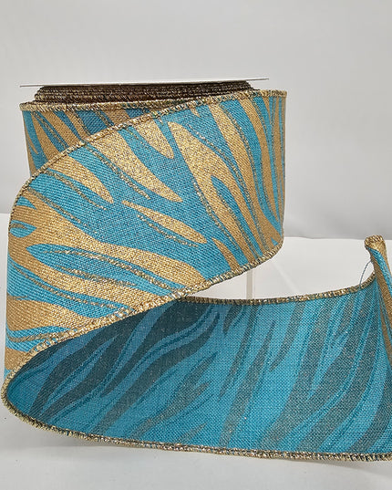2.5"x10Y Glitter Zebra Turquoise/Gold Ribbon image 0