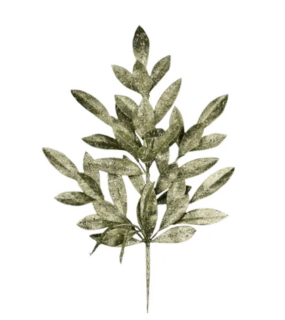 23" Glitter Bay Leaf Spray Dark Sage